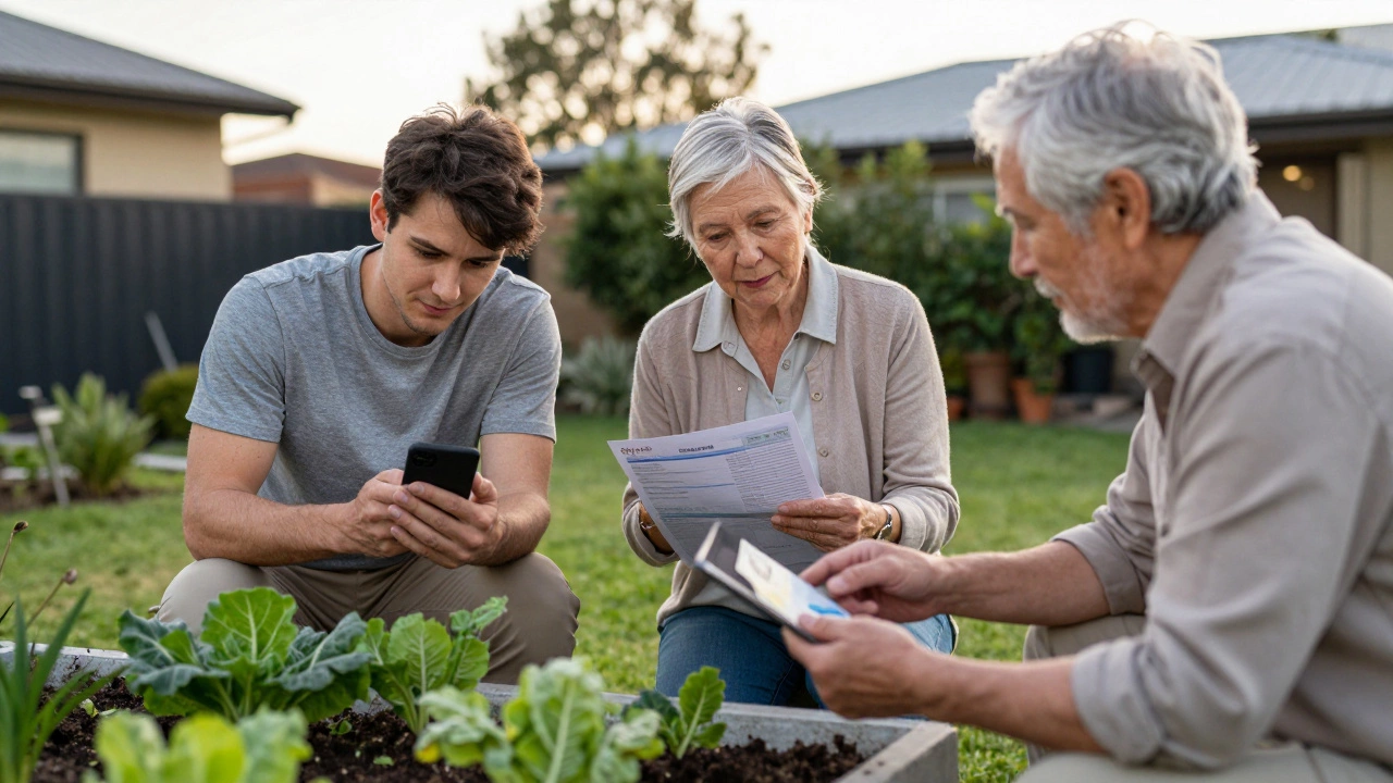 Three generations planning retirement together in a sunny backyard with digital and traditional tools.