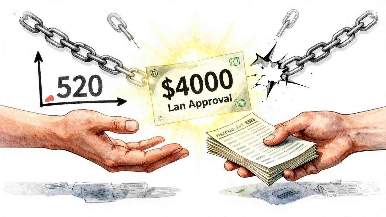 Two hands reaching across a divide, one holding credit score, the other bank statements, with loan approval between them.