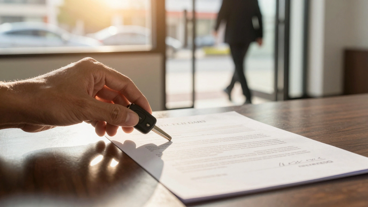 A car key placed beside a loan agreement, symbolizing secured lending and financial recovery.