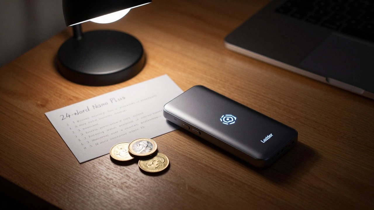 A hardware crypto wallet with a handwritten recovery phrase on a wooden desk.