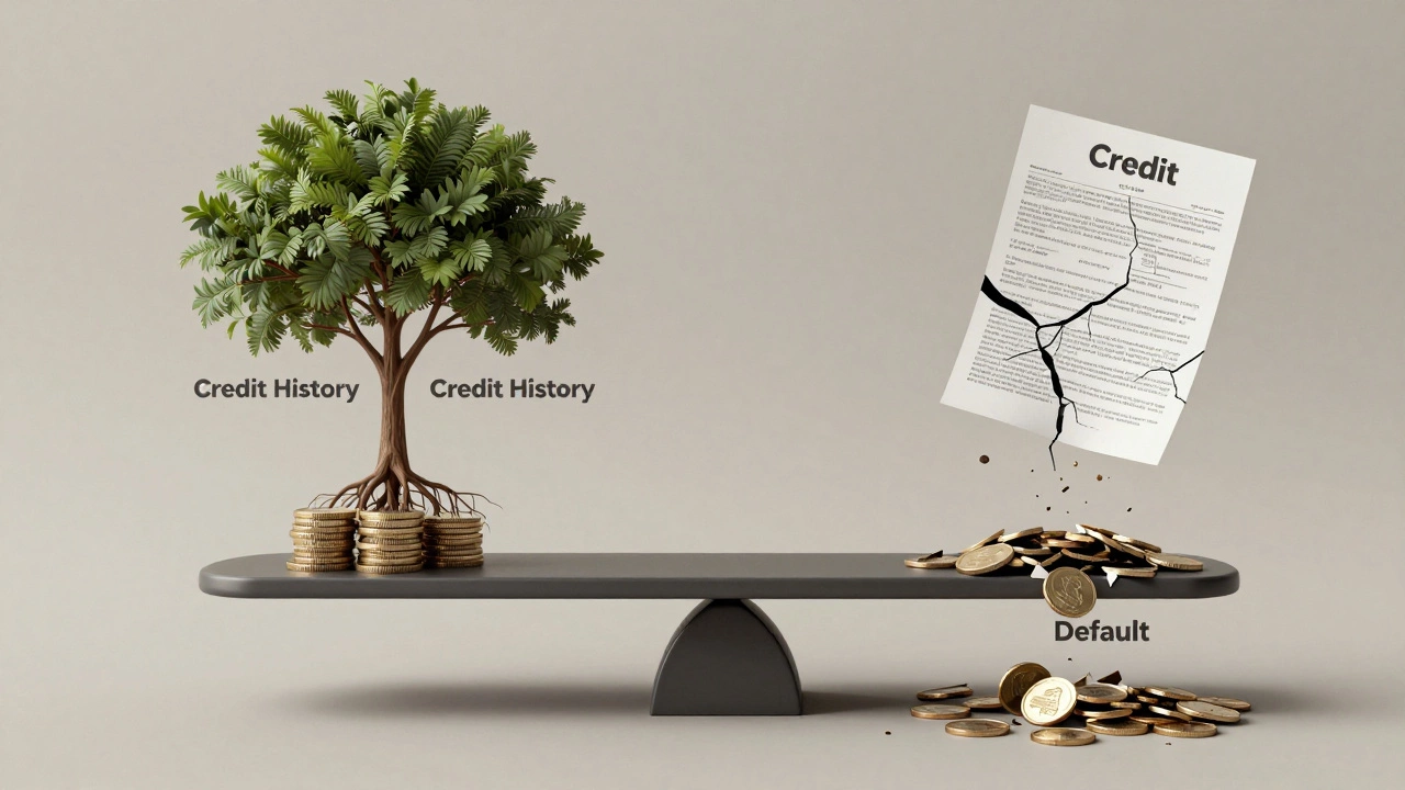 Balanced scale symbolizing responsible student loan payments building credit versus default leading to financial decline.
