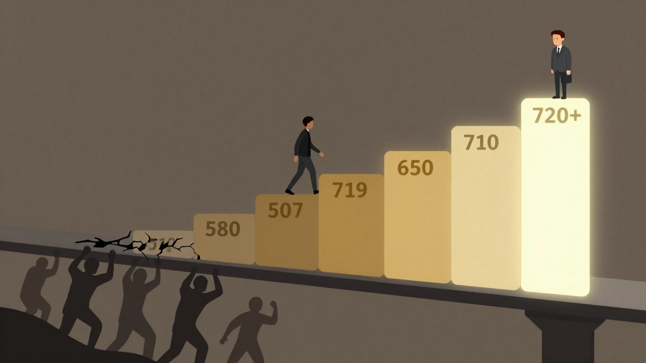 Bridge of credit scores from low to high, person walking confidently on the 650-719 middle section.
