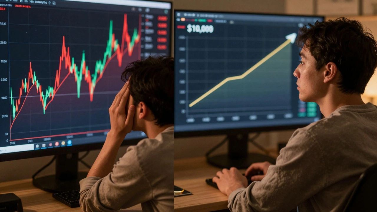 Contrasting images of cryptocurrency volatility versus steady savings growth with a ,000 goal.