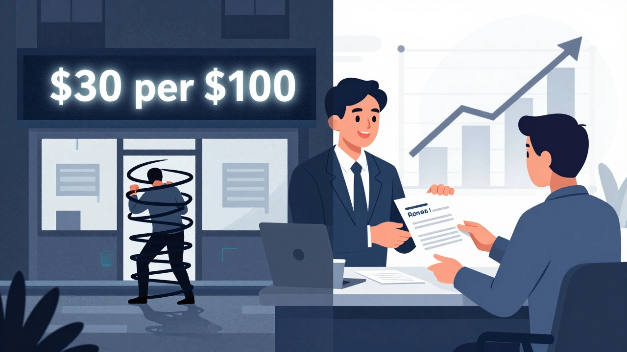 Contrasting images of predatory payday lending versus fair loan approval in a modern office.