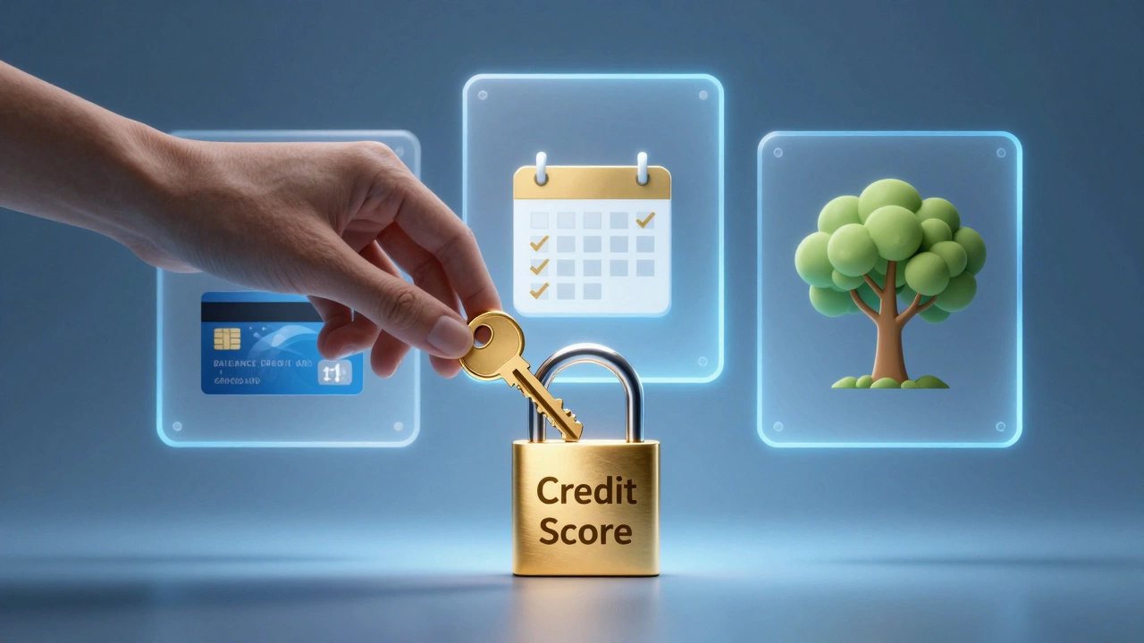 Hand placing golden key into lock labeled 'Credit Score' with three floating panels