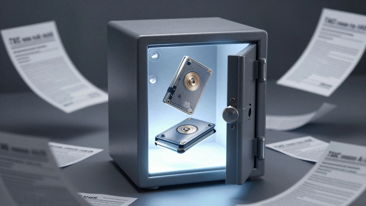 Hardware wallet stored in a safe with tax documents.