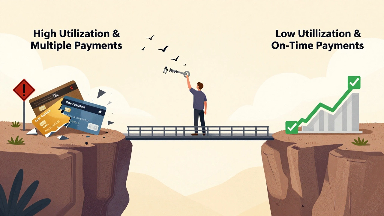 Person crossing bridge from debt chaos to financial clarity with one key