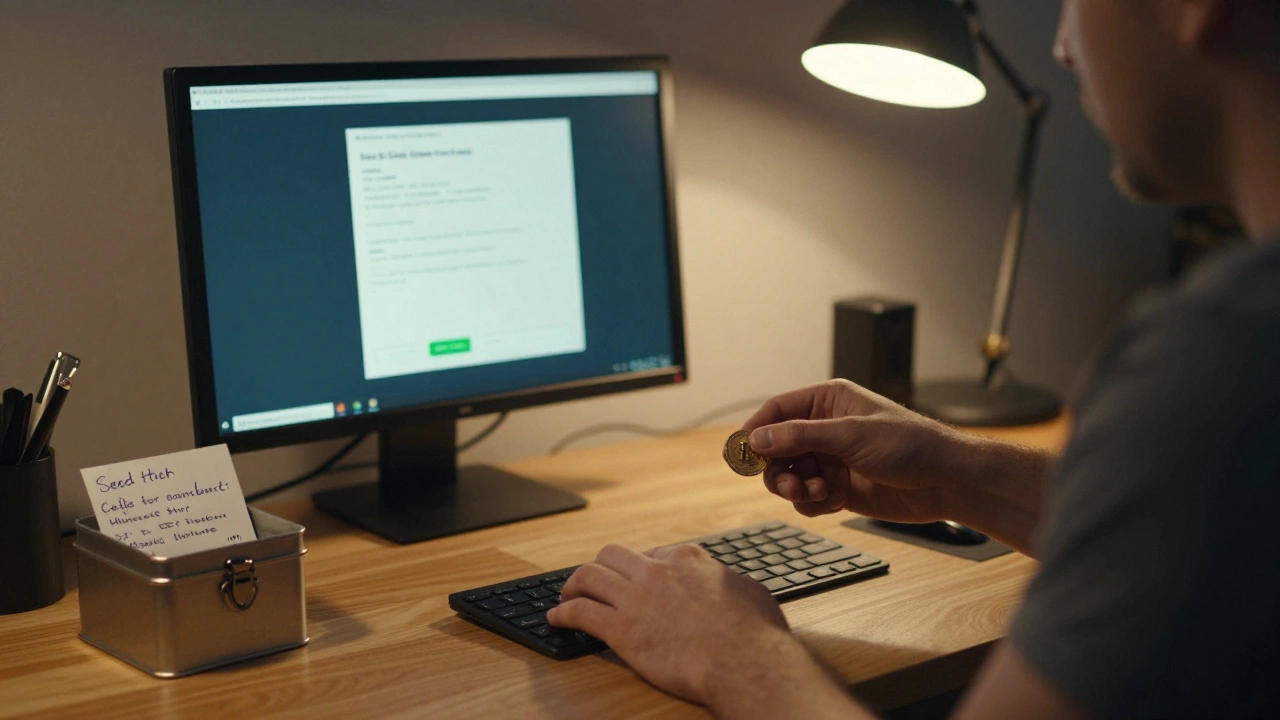 Person sending crypto from a hardware wallet, seed phrase stored securely in a locked box nearby.