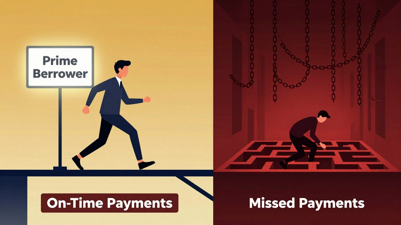 Split illustration: one side shows progress toward good credit, the other shows being trapped by missed payments.