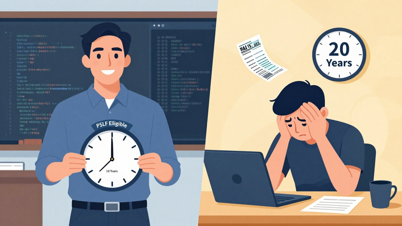Split image: a teacher with 10-year forgiveness path versus a tech worker with 20-year path and tax bill above.