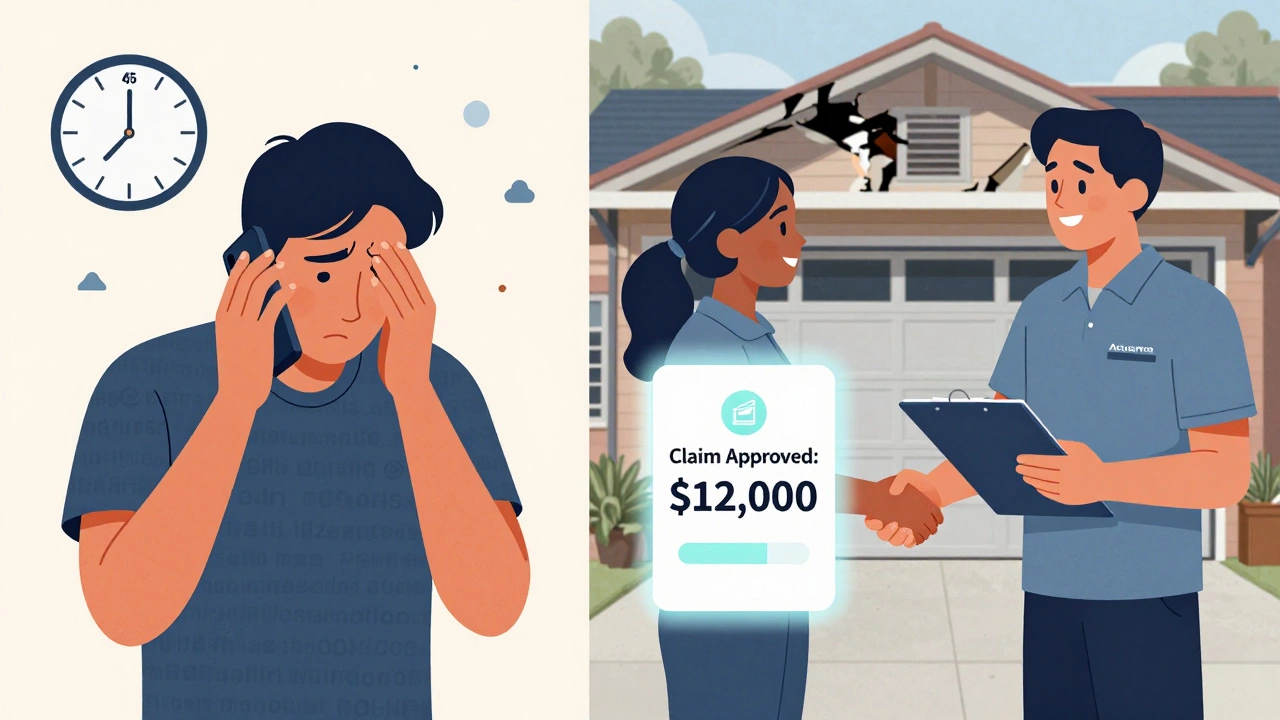 Split scene: frustrated customer on phone vs. satisfied customer shaking hands with adjuster.