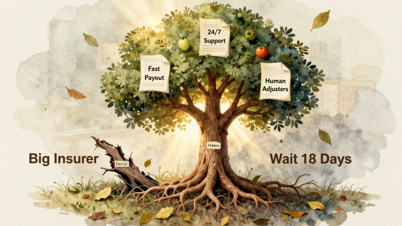 Symbolic tree with policy roots and satisfaction fruit, standing beside a dying insurer tree.