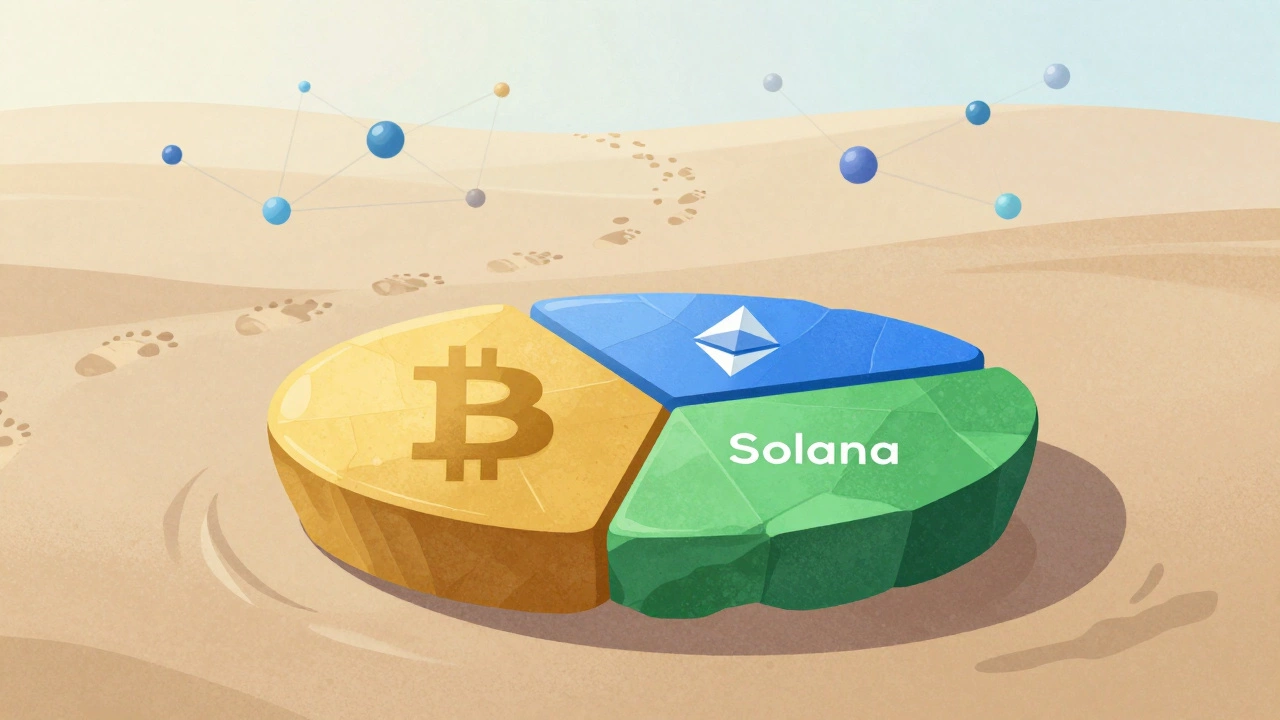 Three colored stones representing Bitcoin, Ethereum, and Solana on a path toward blockchain nodes.