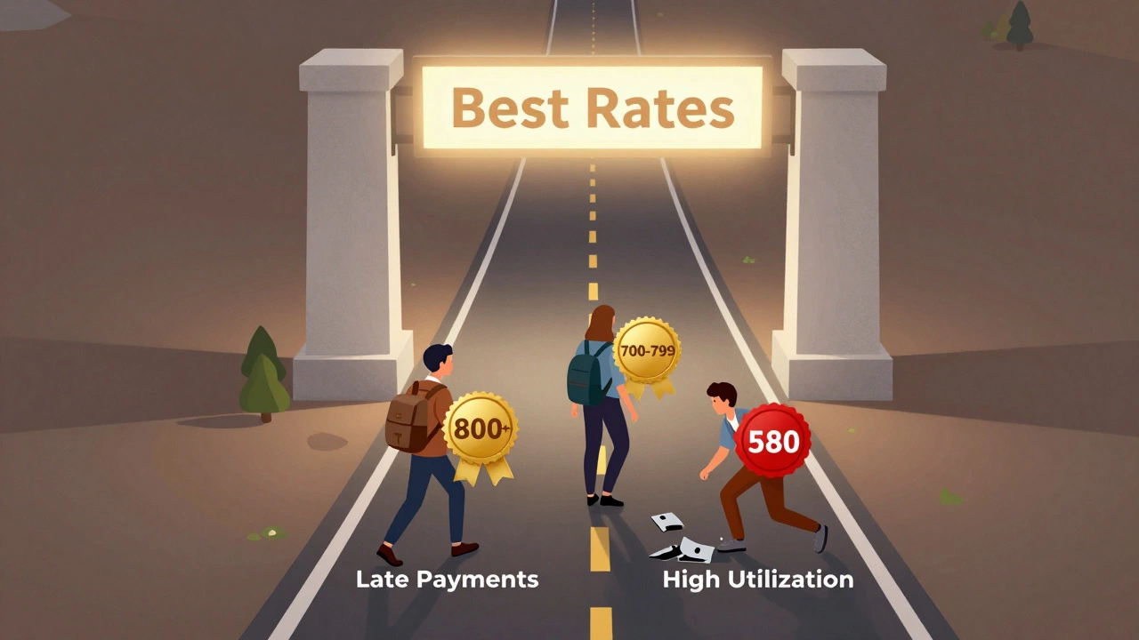 Three travelers on a path toward a mortgage gate, representing credit score tiers.