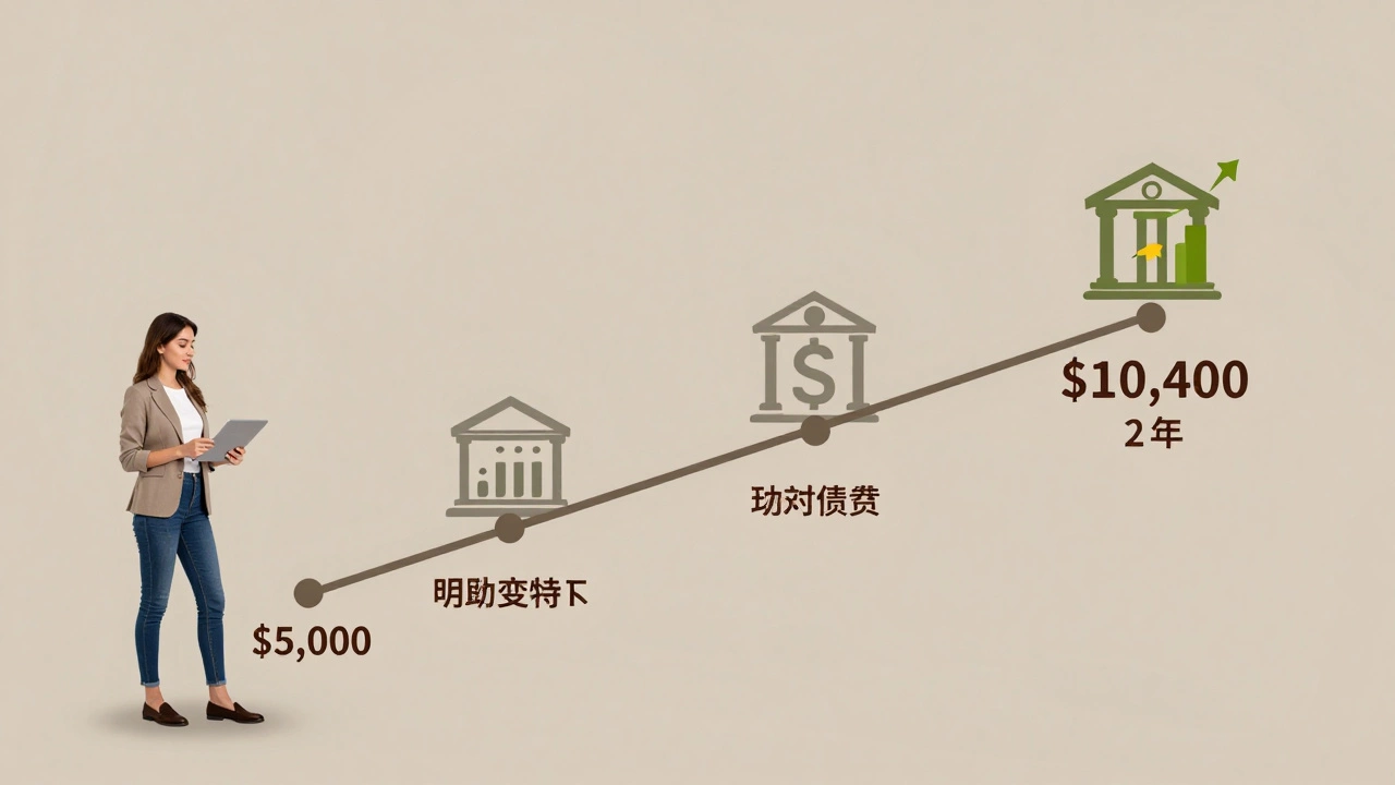 Timeline of savings growth from ,000 to ,400 using bank accounts and term deposits with compound interest.