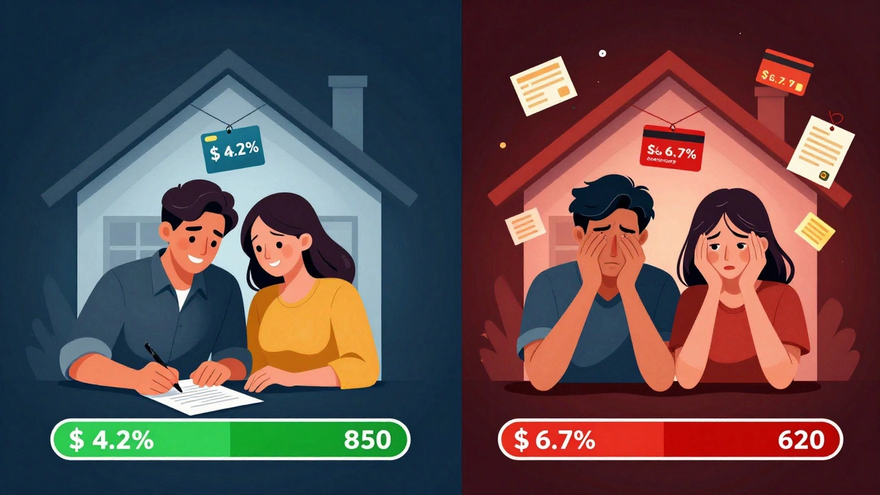 Two identical homes showing contrasting mortgage outcomes based on credit scores.
