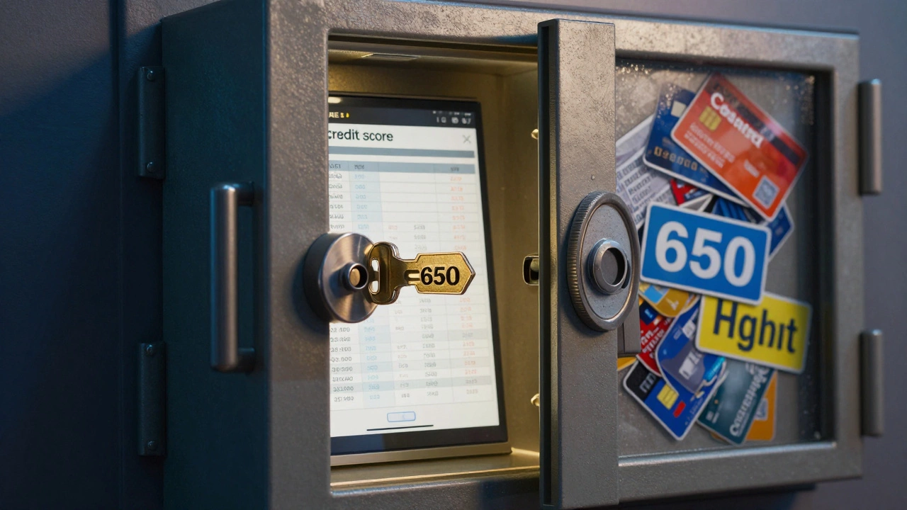 Vault labeled 'Debt' partially opened with 650 credit score key, organized payments visible inside.