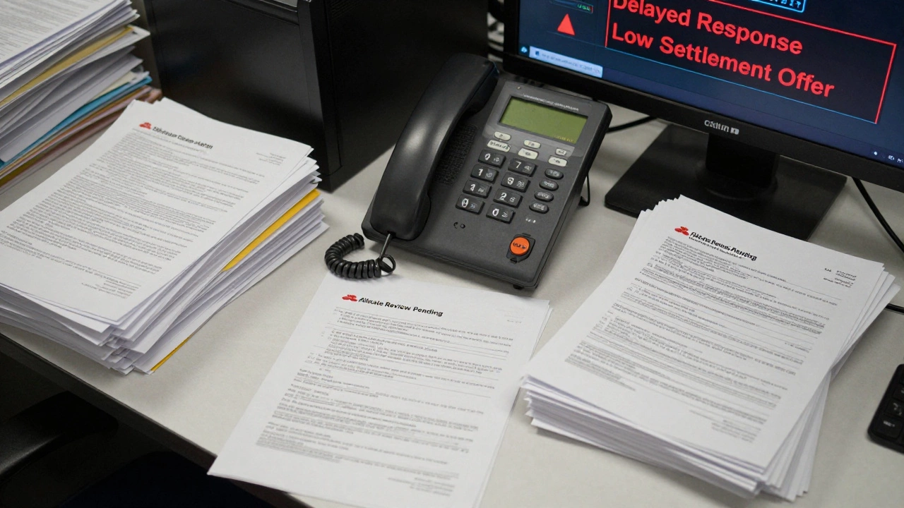A cluttered desk with pending insurance claims and silent phone, illuminated by harsh office lights, symbolizing delayed customer service.
