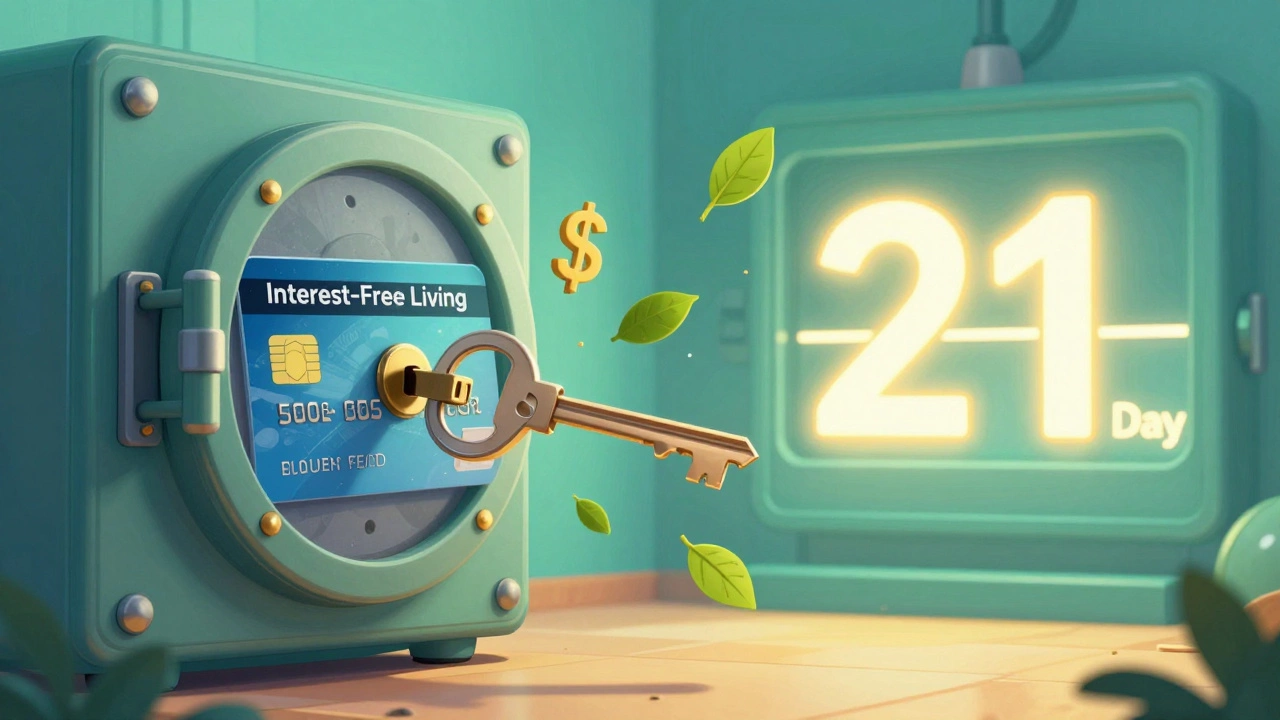 A credit card turning into a key that unlocks a vault labeled 'Interest-Free Living', with dollar signs becoming leaves.