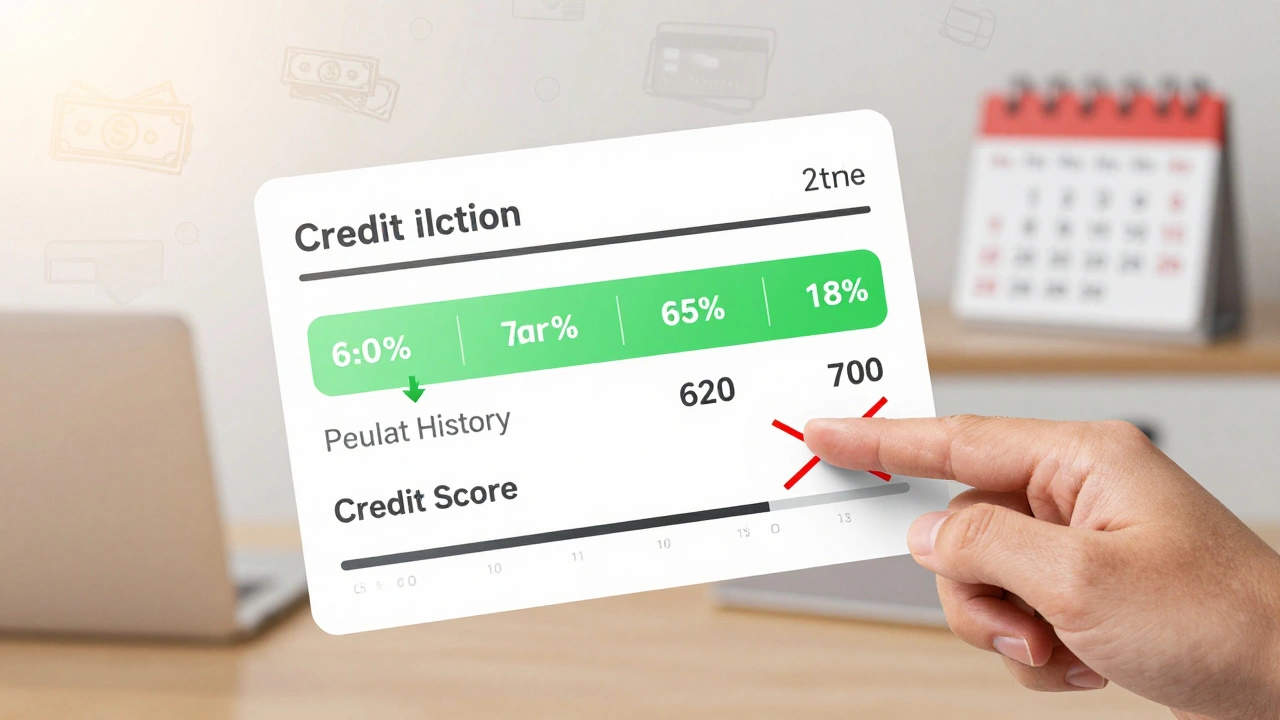A credit report transforming as utilization drops and errors are fixed, with a slider raising score from 620 to 700.