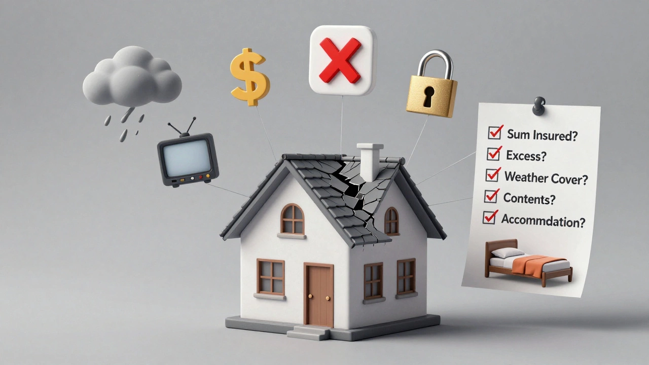 A house with damaged roof surrounded by insurance coverage icons, linked to a checklist of key policy details.