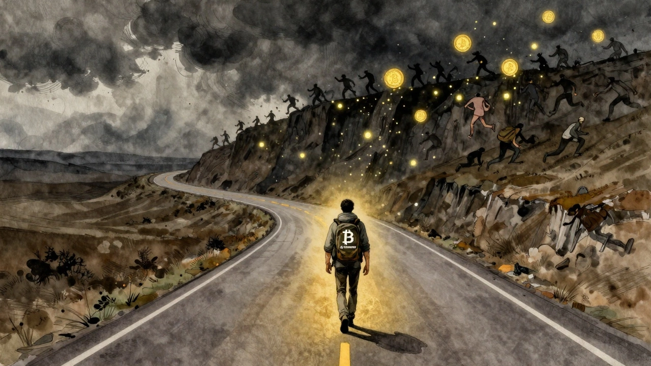 A lone hiker follows a steady path through chaos, ignoring the frenzy of speculative coins ahead.