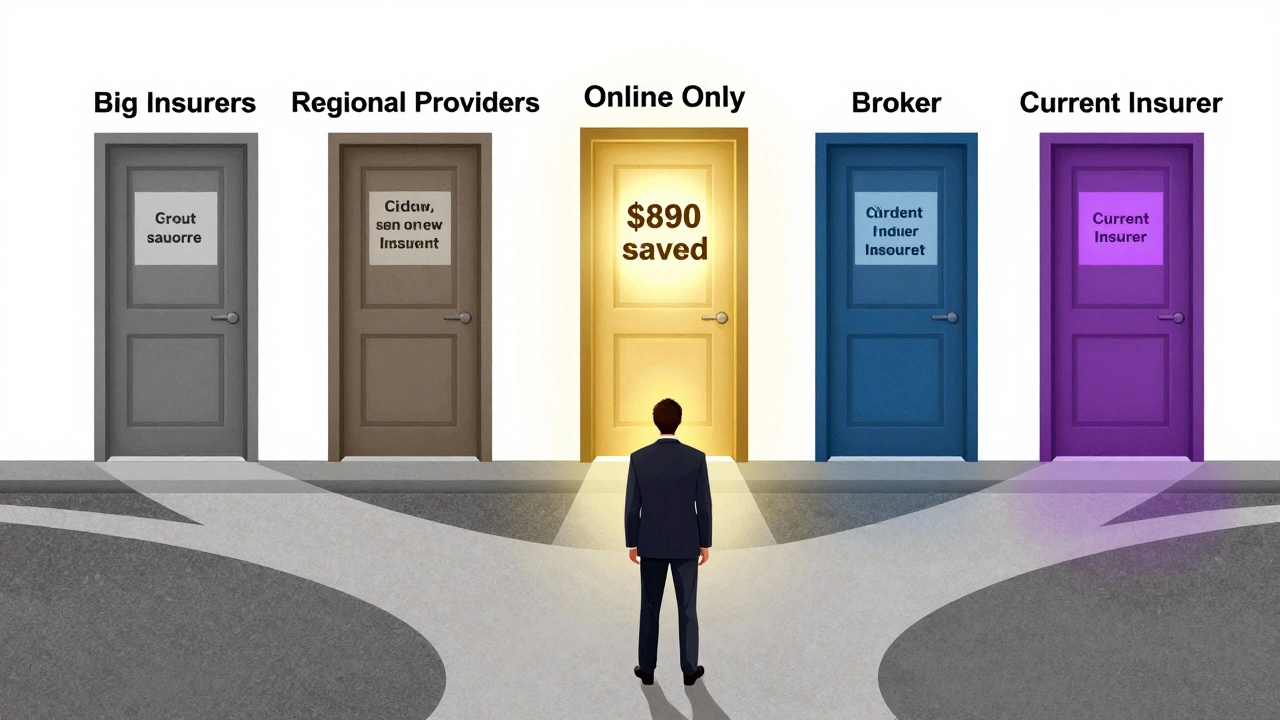 A person choosing between five insurance options at a crossroads, with one door glowing with savings.