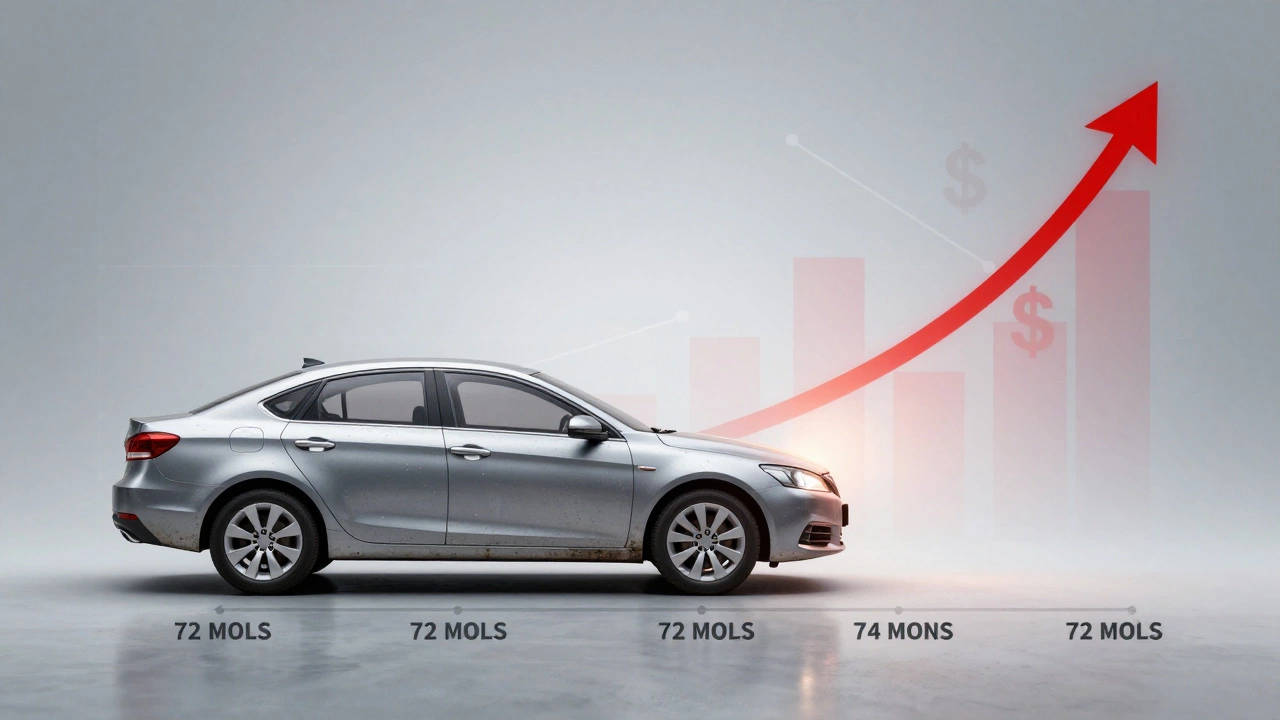 An abstract representation of a car losing value while interest payments rise over time.