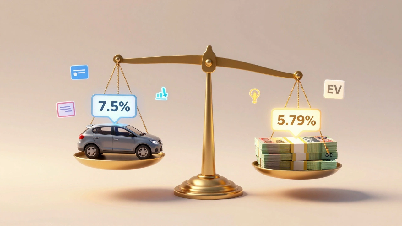 Balance scale comparing 5.79% and 7.5% car loan rates with financial factors floating around.