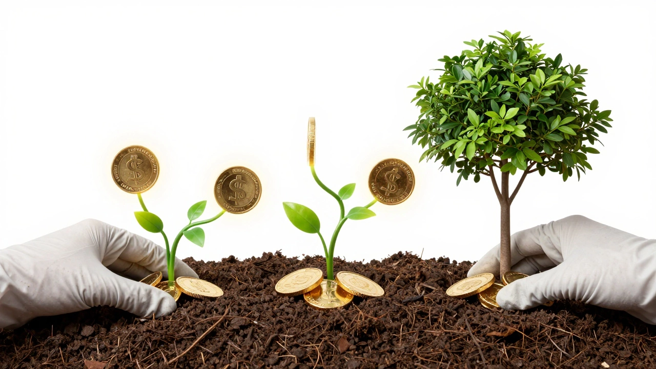 Coins sprouting green leaves symbolizing investment growth.