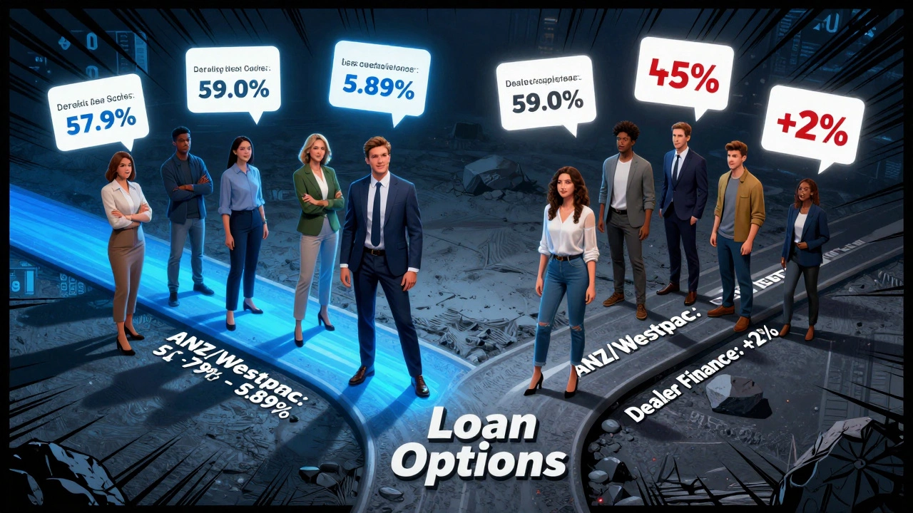 Comic book scene of people choosing between low-interest bank loan and expensive dealer finance.