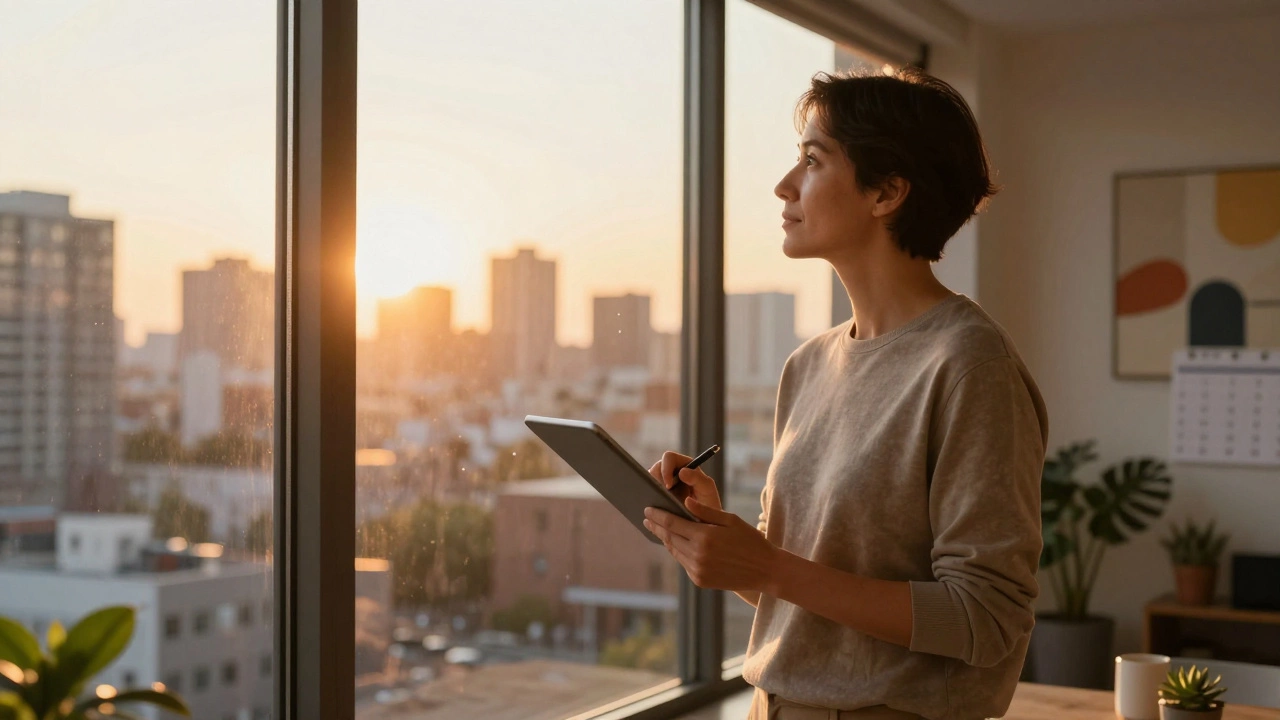 Confident person reviewing plans near window with city view for financial freedom.