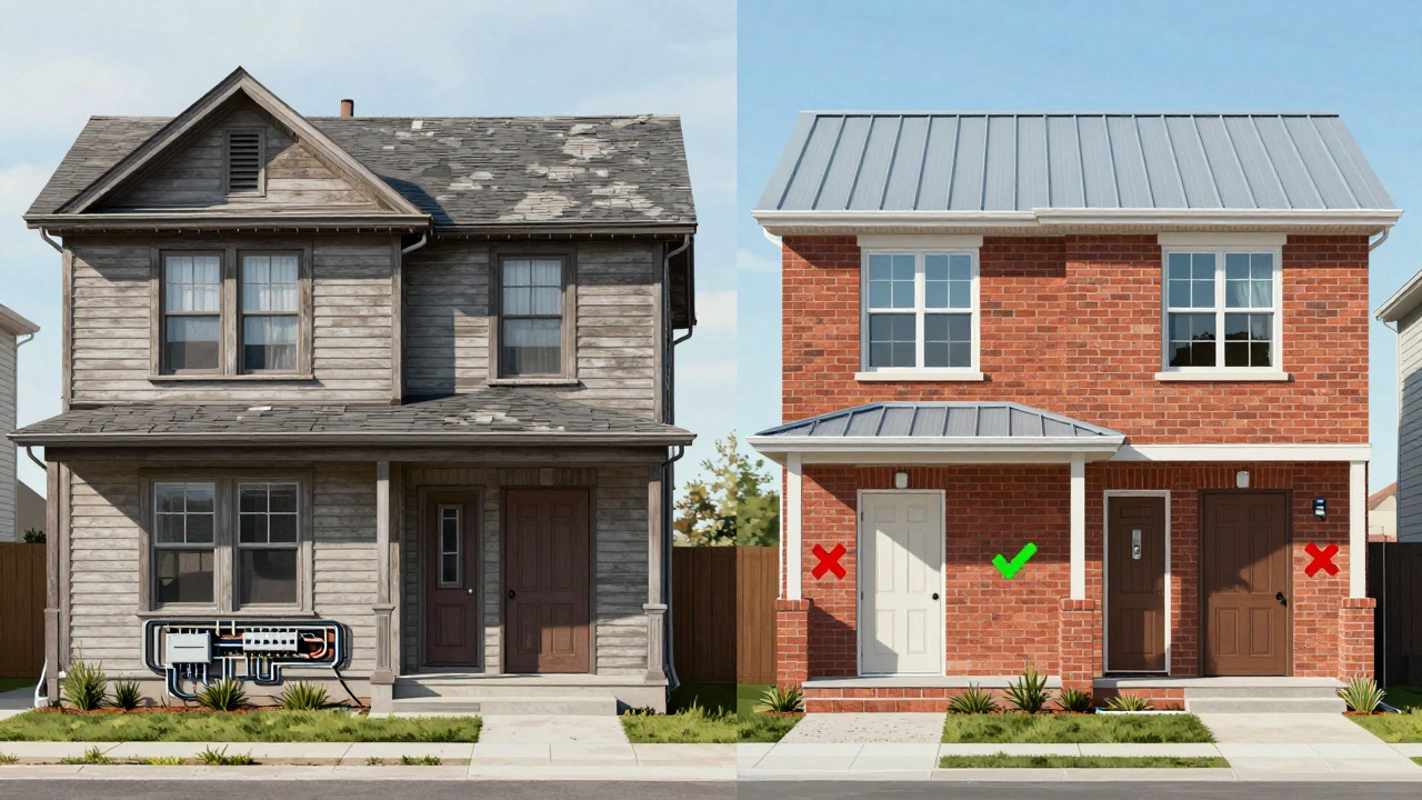 Contrast between an older risky home and a newer, safer home with key upgrades highlighted.