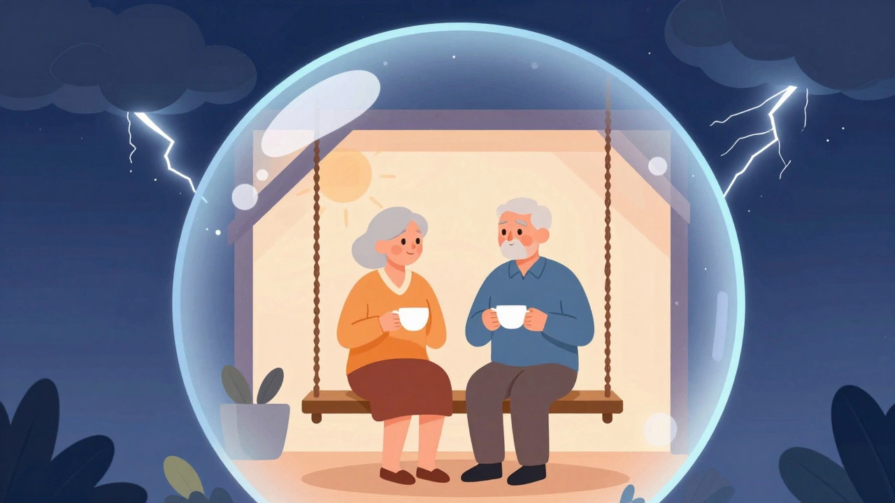 Elderly couple protected by shield representing financial security.