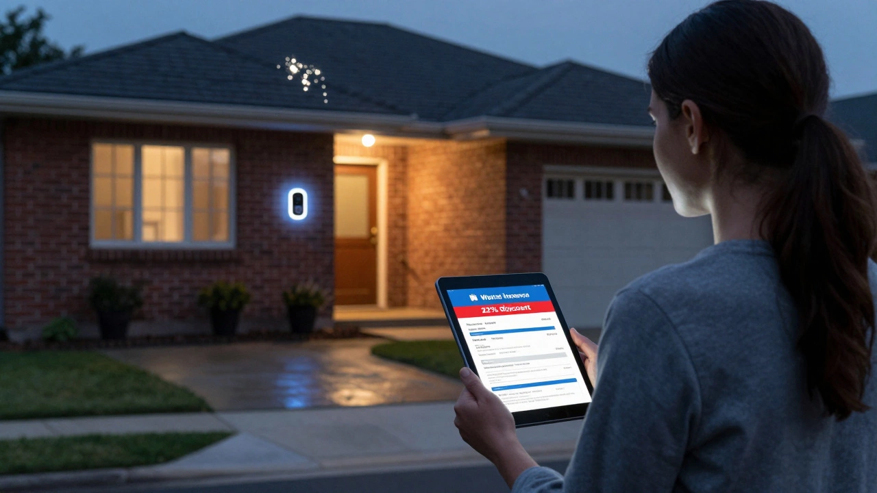 Homeowner viewing insurance discount on tablet beside a secure, smart-equipped house at dusk.