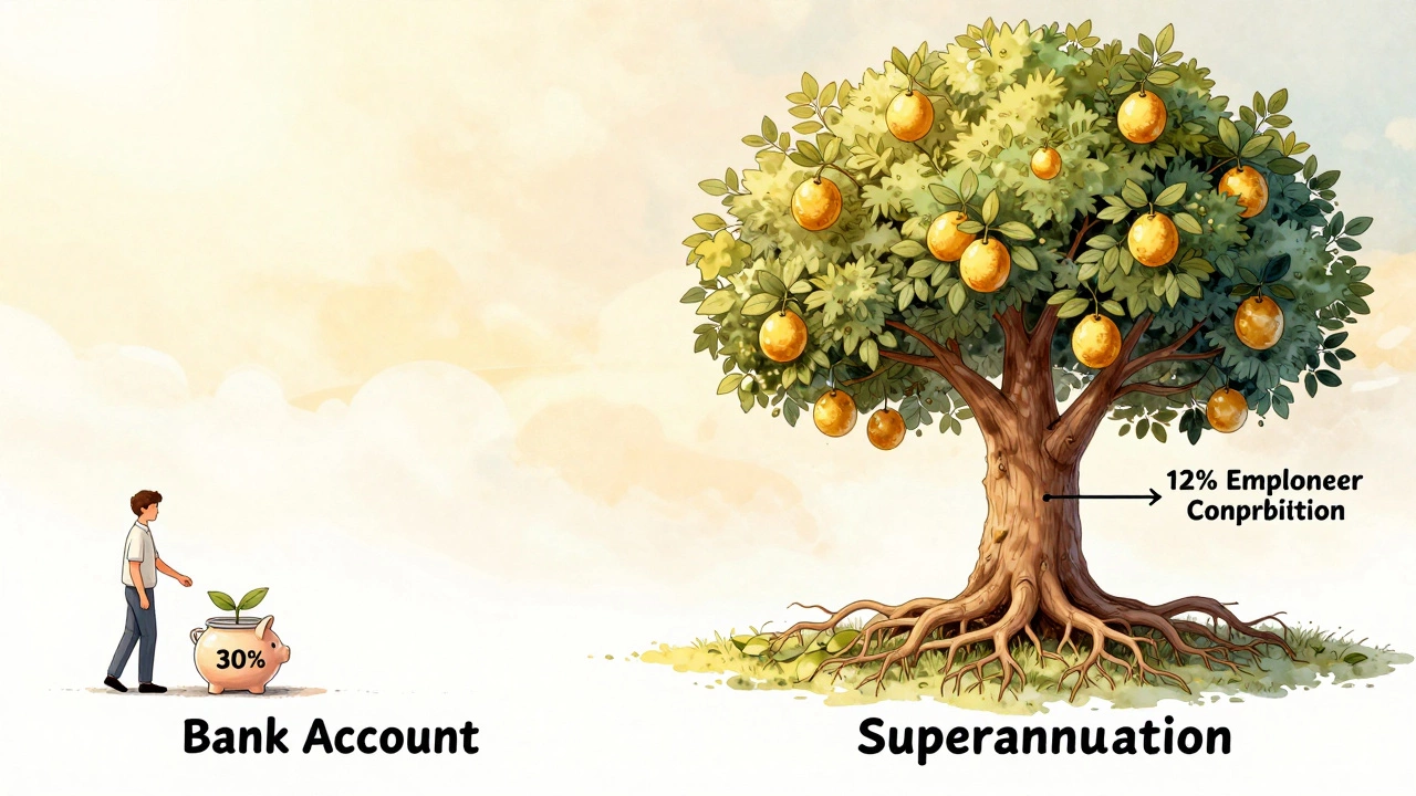 Illustration comparing slow-growing savings jar to a large tree representing superannuation growth over decades.