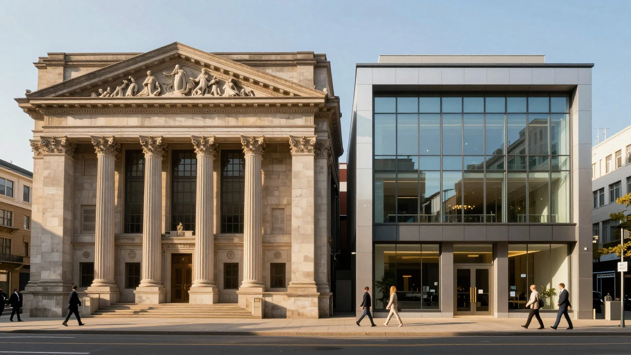 Large traditional bank compared to small modern bank exterior