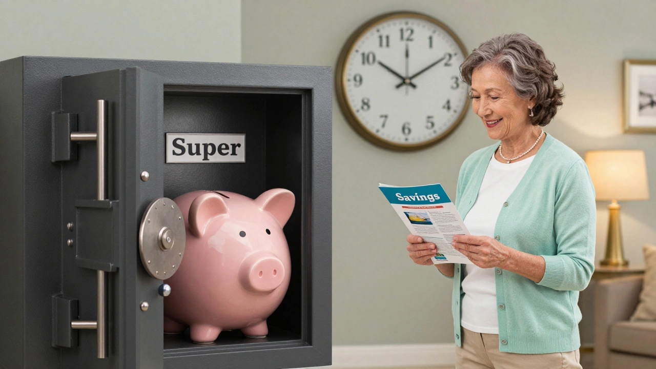 Locked super vault beside open piggy bank with clock showing 60 years, woman smiling in retirement setting.