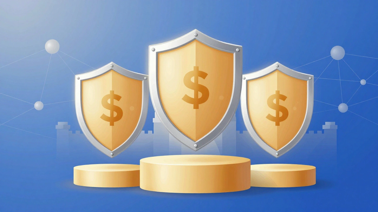 Protective shields floating above deposit symbols in blue tones