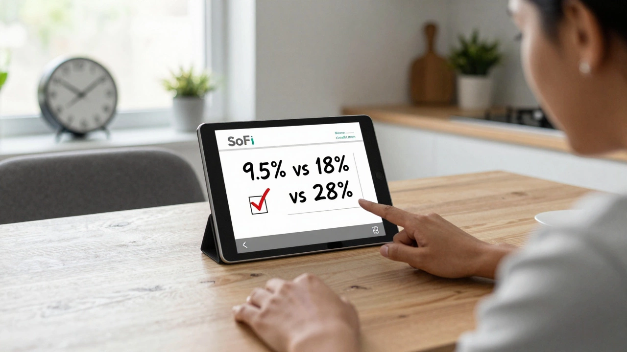 Someone comparing loan offers on a tablet at home, with handwritten interest rates and a clock showing approval in four days.