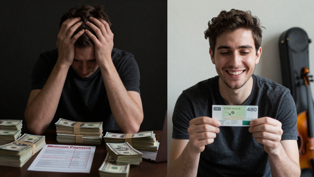 Split-screen: left shows debt stress, right shows someone smiling with cashback and a violin case, representing financial freedom.