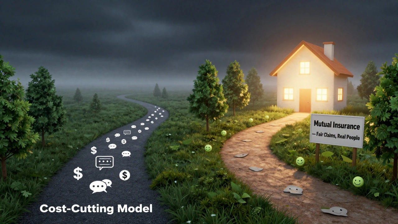 Two symbolic paths: one leading to automated denial, the other to fair claims and human support, representing different insurance models.
