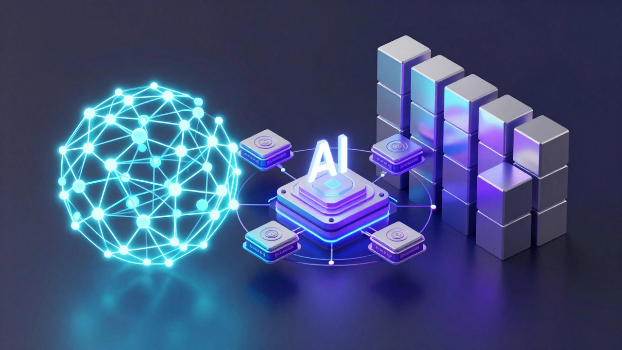 3D futuristic illustration of AI neural networks merging with blockchain crystals and GPU processors.