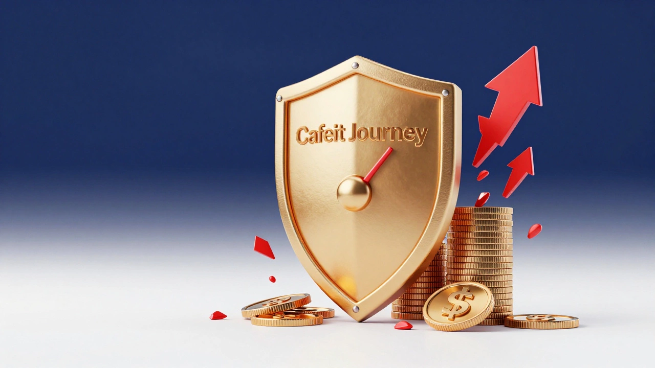 A golden shield protecting a credit score and money from red predatory symbols