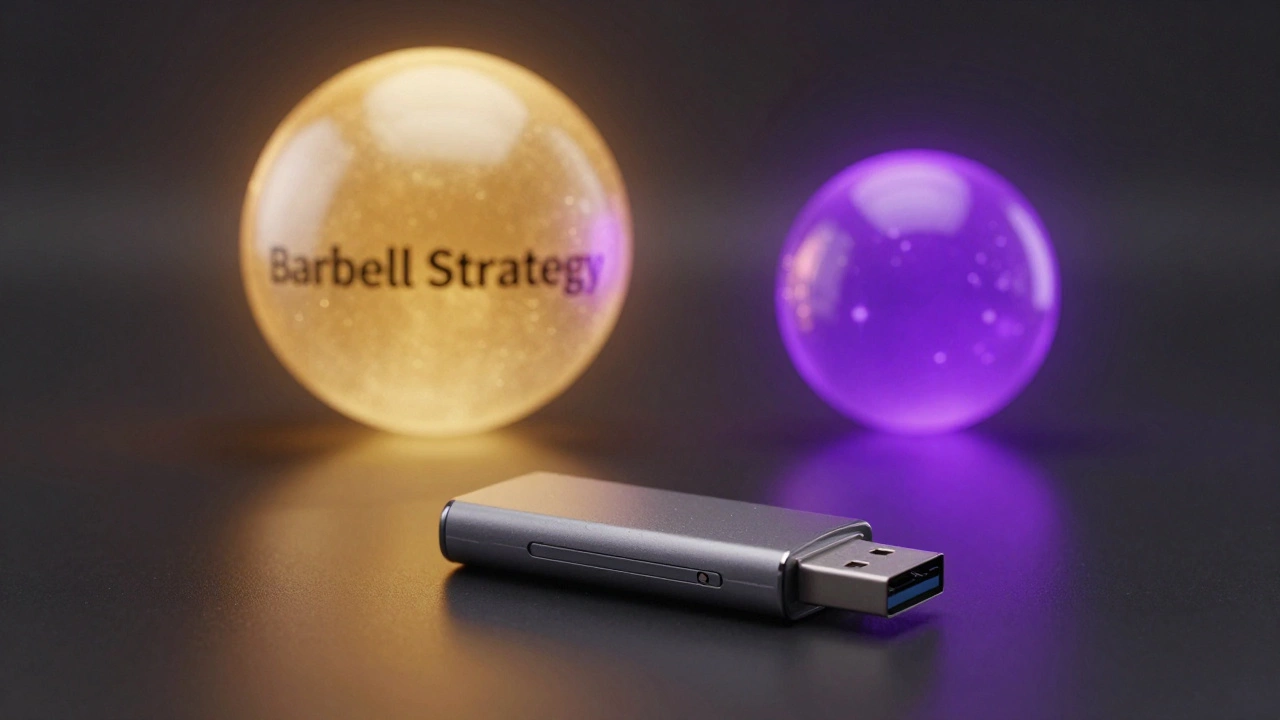 A hardware wallet on a dark surface with two glowing spheres representing a balanced crypto portfolio.