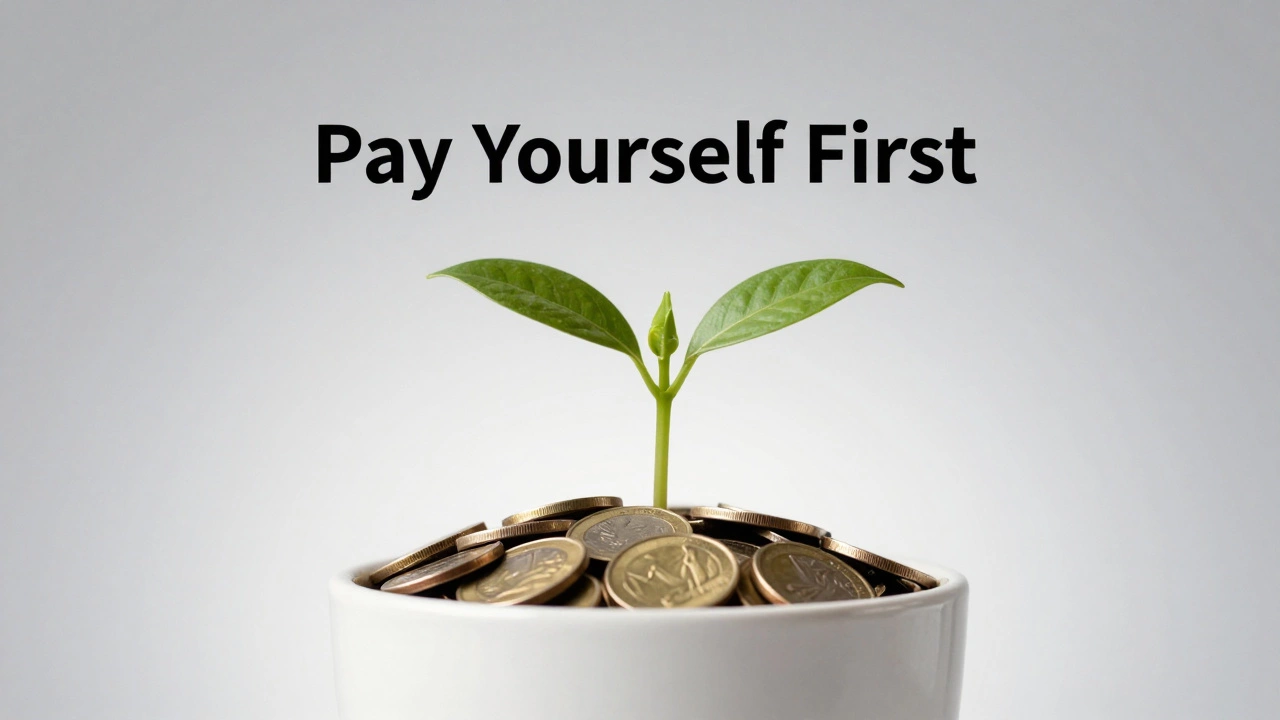 A small green plant growing out of a pile of coins in a white pot.