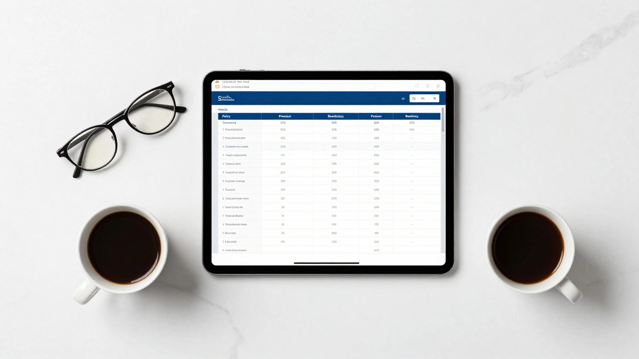 A tablet showing an insurance tracking spreadsheet on a clean white desk.
