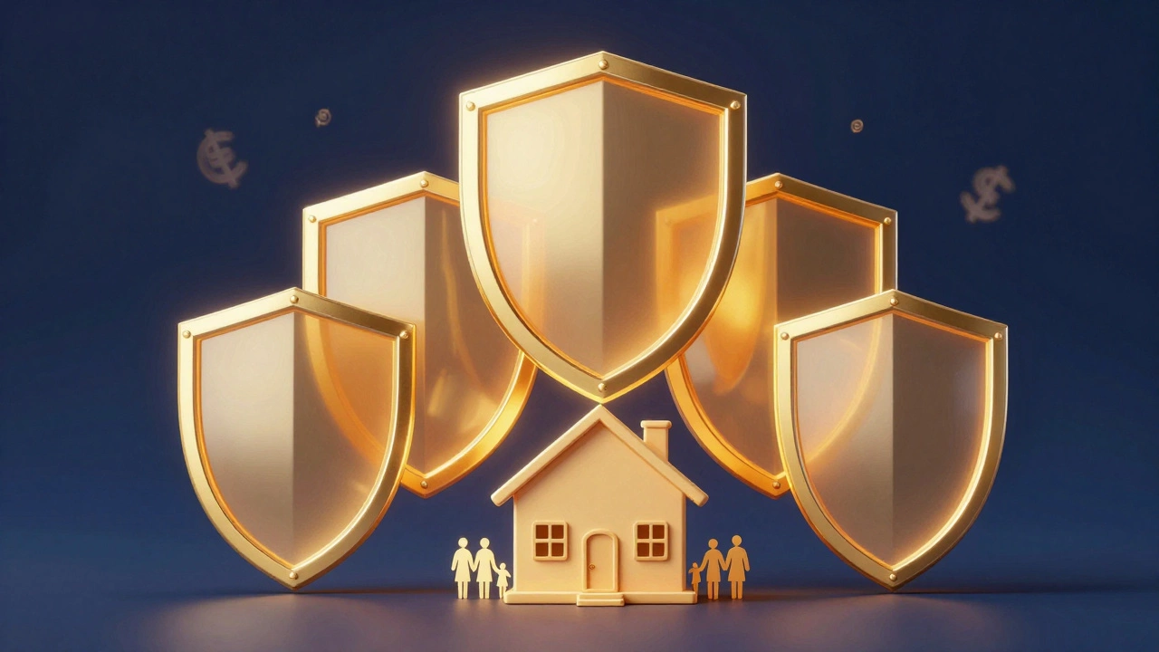 Abstract golden shields layered over a house and family to symbolize financial protection.