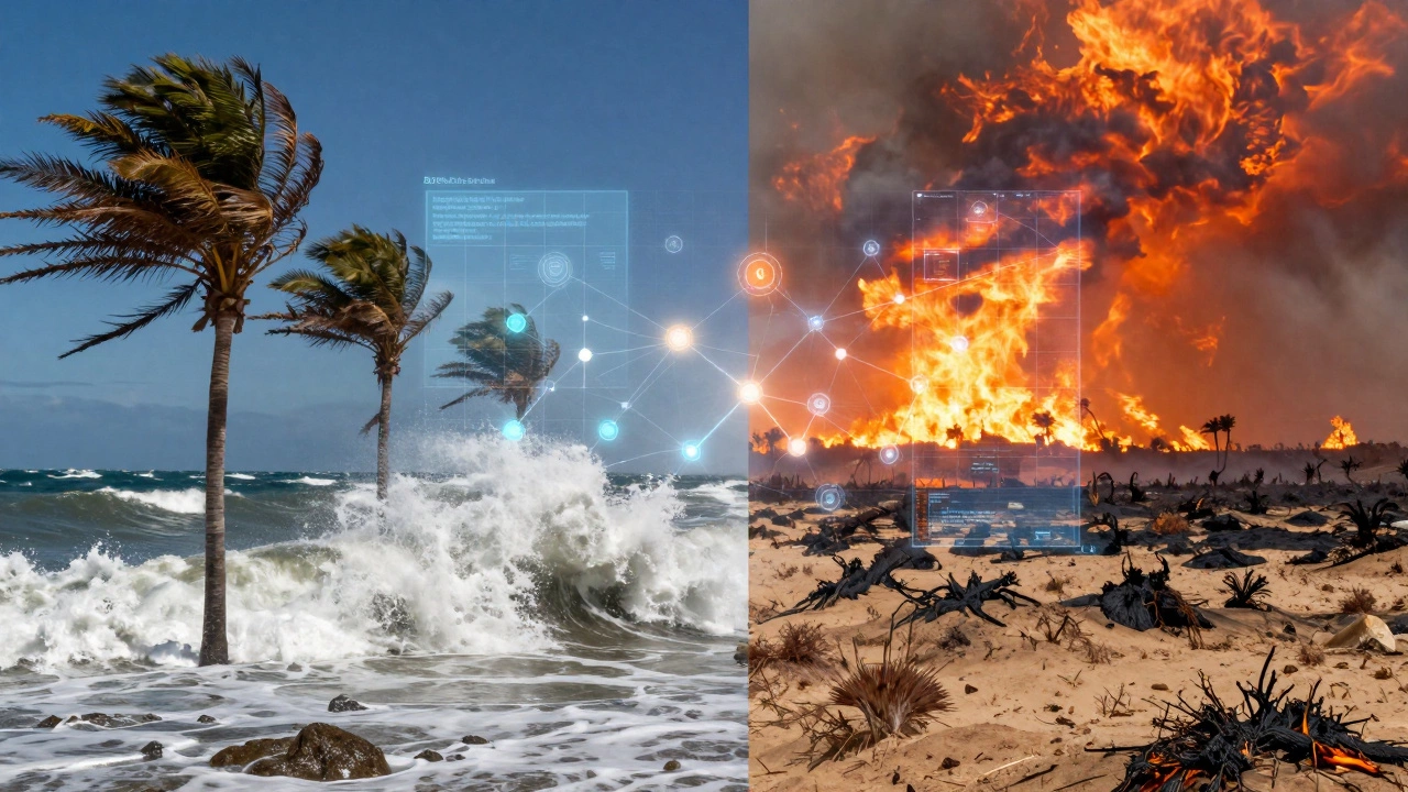 Comparison of hurricane and wildfire risks with digital data overlays