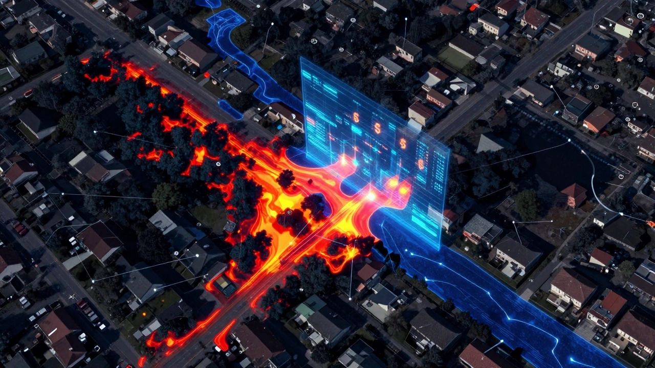 Digital satellite map of a neighborhood with neon risk zones and data overlays.